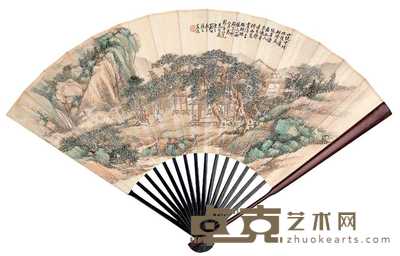 顾颐 鲍源浚 松荫花坞 书法 成扇 51×19cm